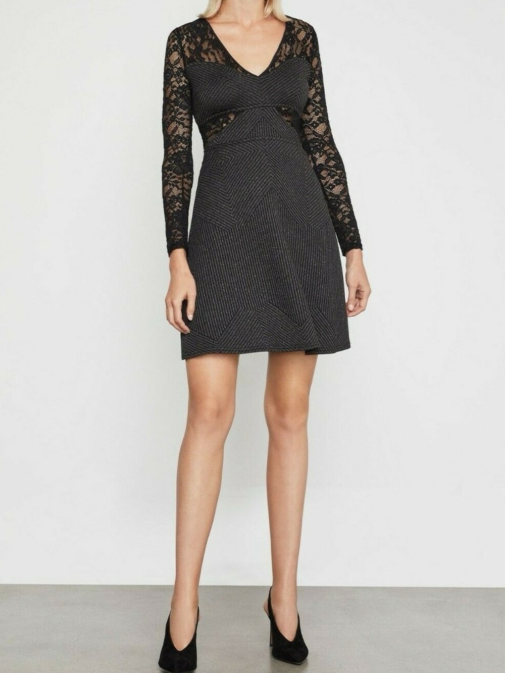 BCBGMAXAZRIA Black Lace Long Sleeve Fit & Flare Dress